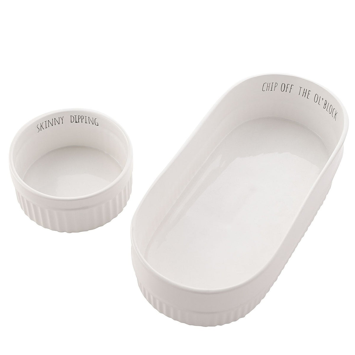Set of 2 fluted white stoneware chip and dip bowls, an oval dish reading "Chip Off The Ol' Block" with a round "Skinny Dipping" bowl inside, on a plain background.