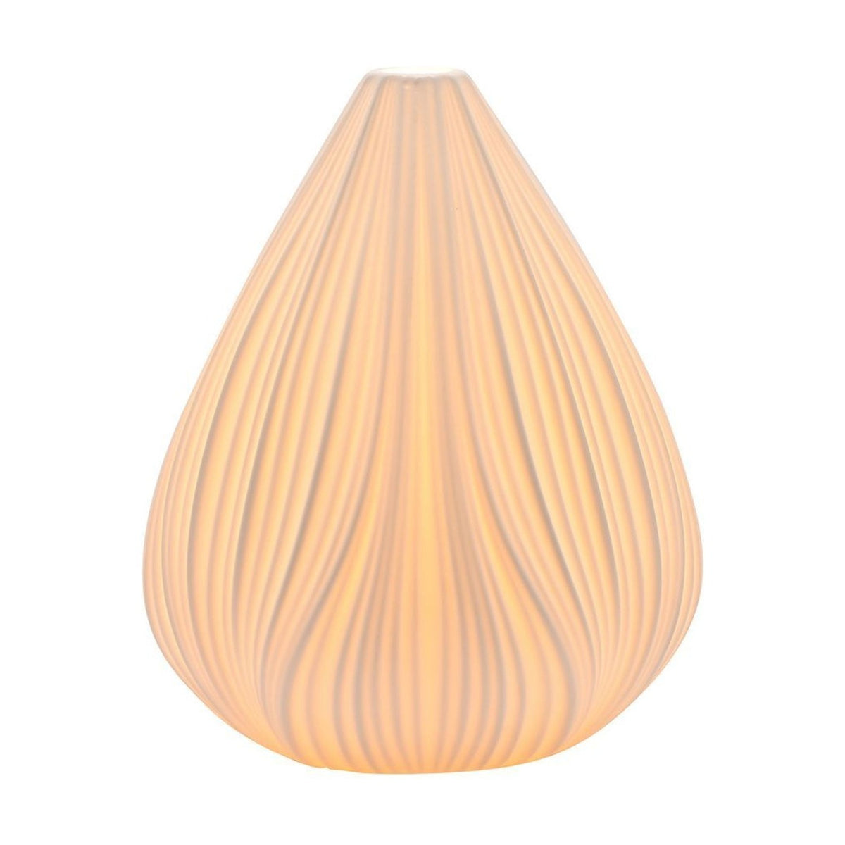 White ribbed ceramic table lamp shaped like a closed flower bud, tapering to a small top opening, glowing warmly against a plain white background.