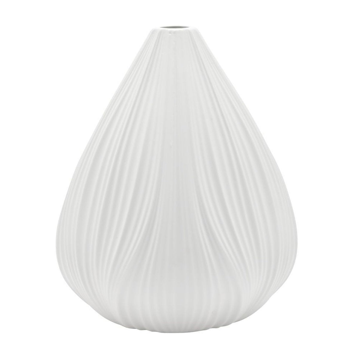White ceramic table lamp with ribbed, flower bud shape, matt finish, tapering to a narrow top opening, shown on a plain background.