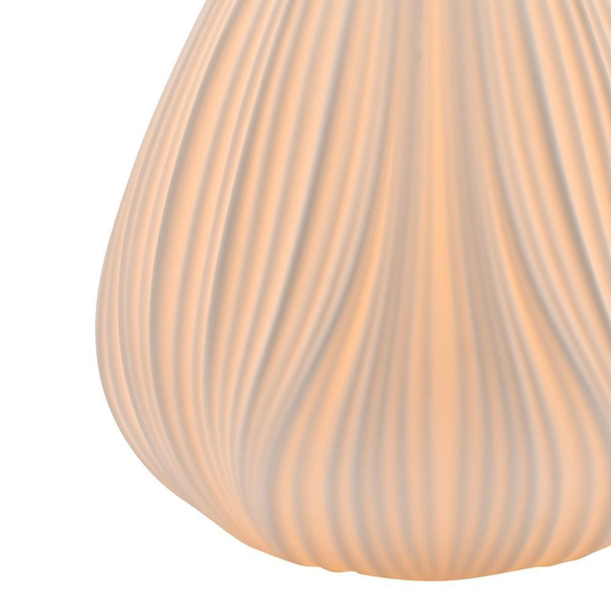 Close-up of the Ribbed Flower Bud Ceramic Table Lamp in white, showing fine vertical ribs and matt ceramic texture on a plain background.