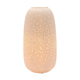 Tall Oval Ribbed Pierced Dot Ceramic Table Lamp 33cm in white, with fine vertical ribs and scattered pierced dots glowing when lit, shown on a plain white background.