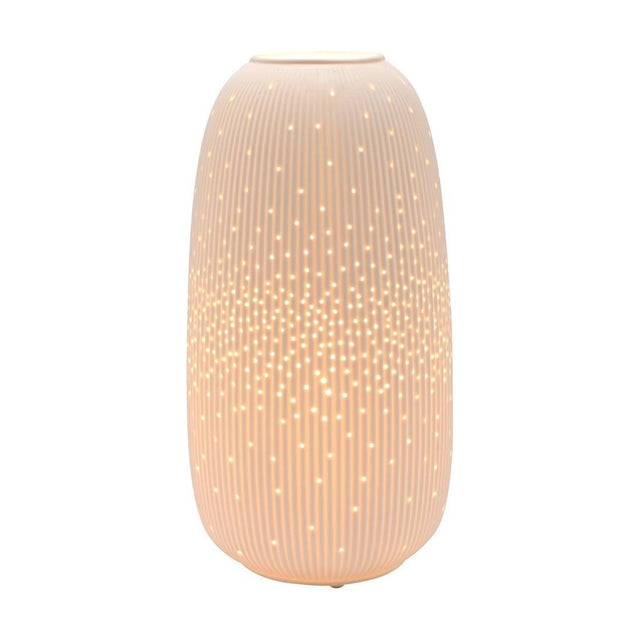 Tall Oval Ribbed Pierced Dot Ceramic Table Lamp 33cm in white, with fine vertical ribs and scattered pierced dots glowing when lit, shown on a plain white background.