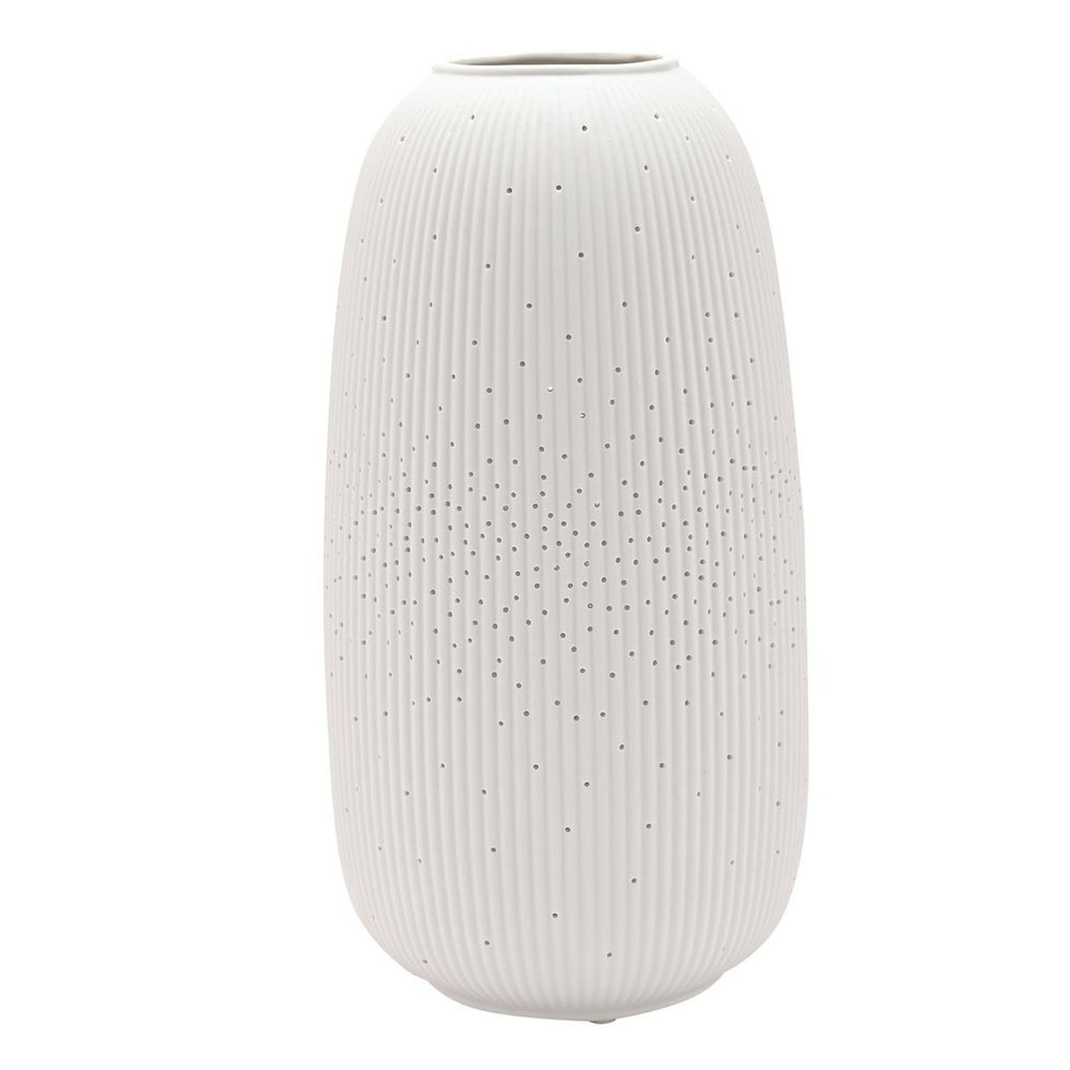 Tall Oval Ribbed Pierced Dot Ceramic Table Lamp, 33cm, in white with vertical ribbing and scattered pierced dots densest at the centre, shown on a plain white background.