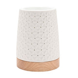 White ceramic tapered aroma table lamp, 15cm, with embossed star pattern and pierced dot holes, set on a round wooden base against a plain background.