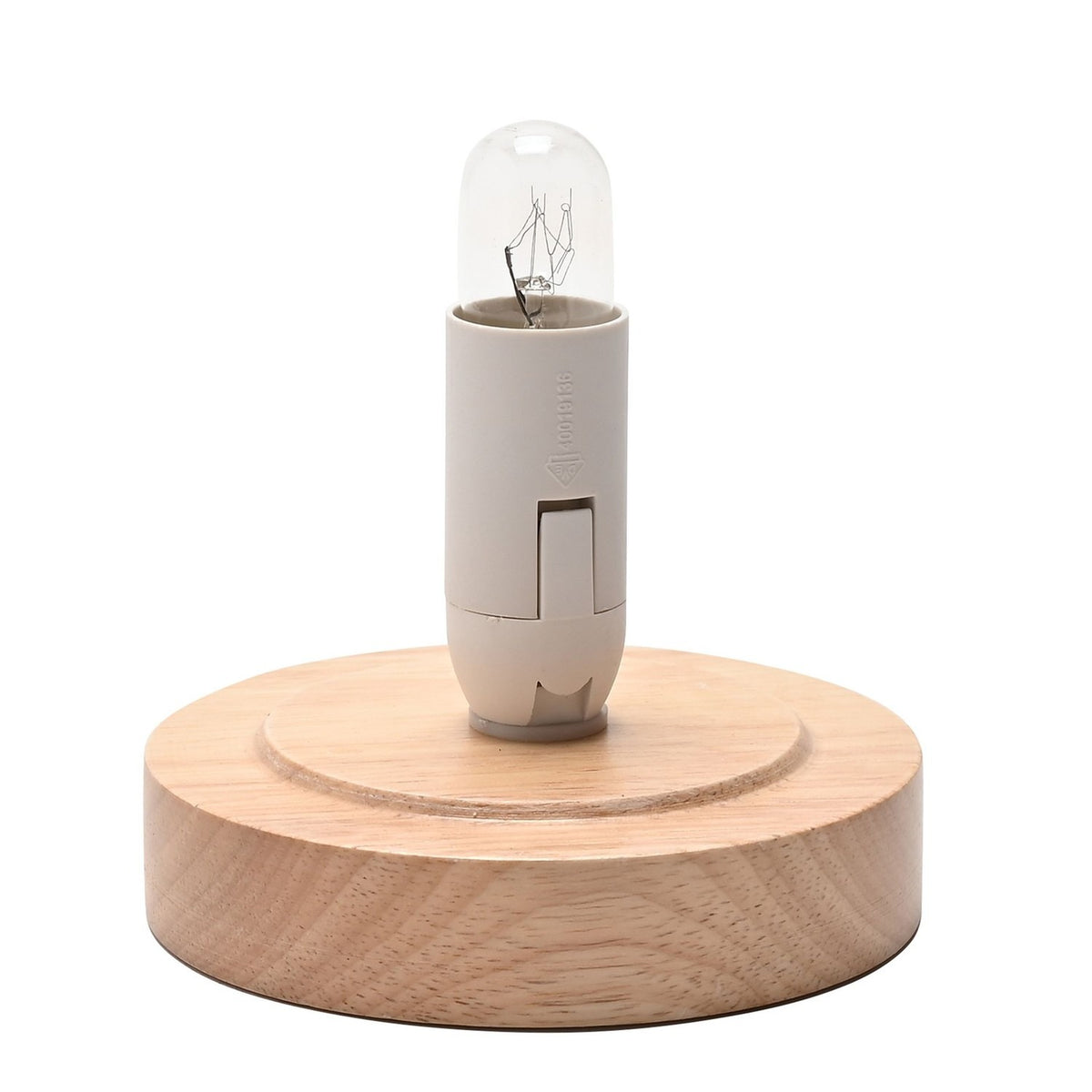 Round wooden lamp base with a small grey E14 bulb holder and clear tubular bulb fitted, shown on a plain white background.