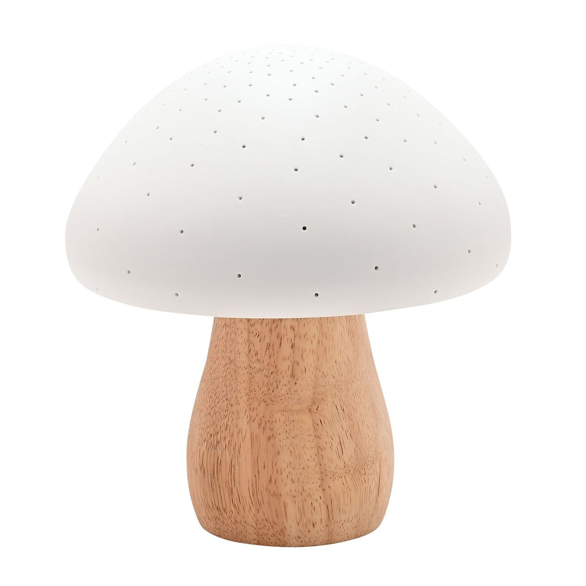 Pierced Mushroom battery powered ceramic table lamp with a white dome cap featuring tiny pierced holes, set on a curved natural wood-tone stem base, shown on a plain white background.