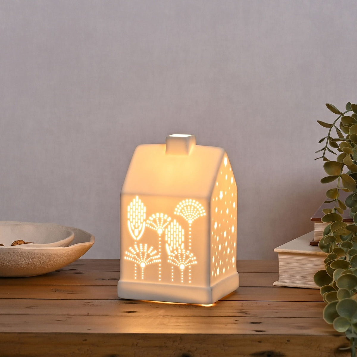 Floral and Star Cut-Out House Ceramic Table Lamp - White