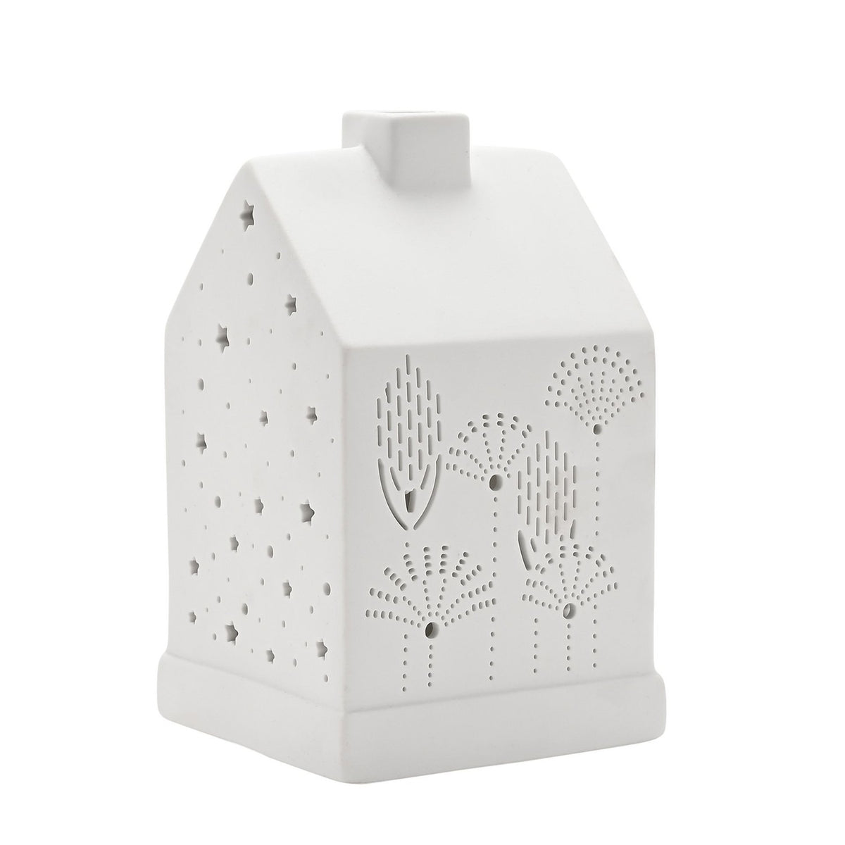 Floral and Star Cut-Out House Ceramic Table Lamp - White