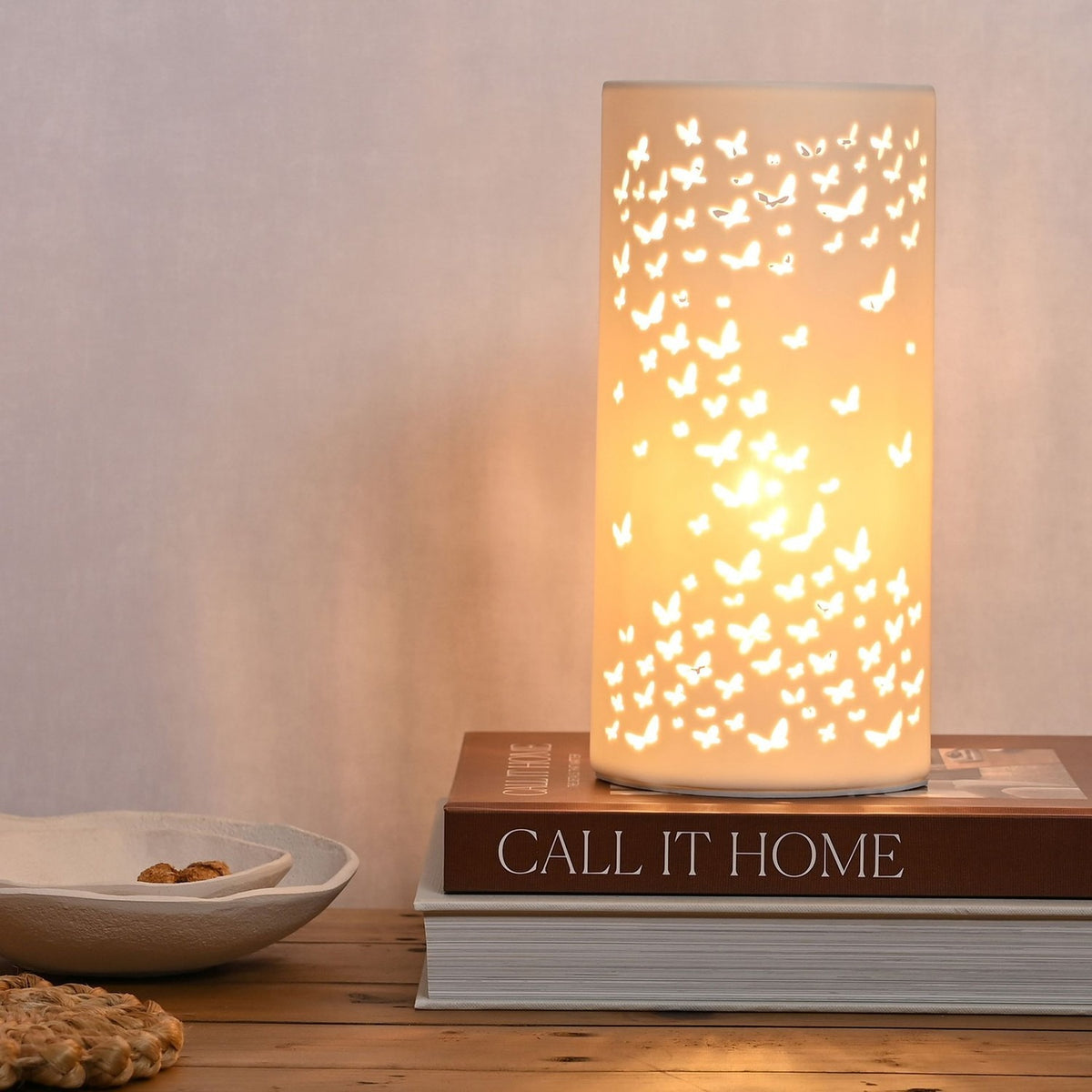 Butterfly Cut-Out Tube Plug-in Ceramic Table Lamp - White