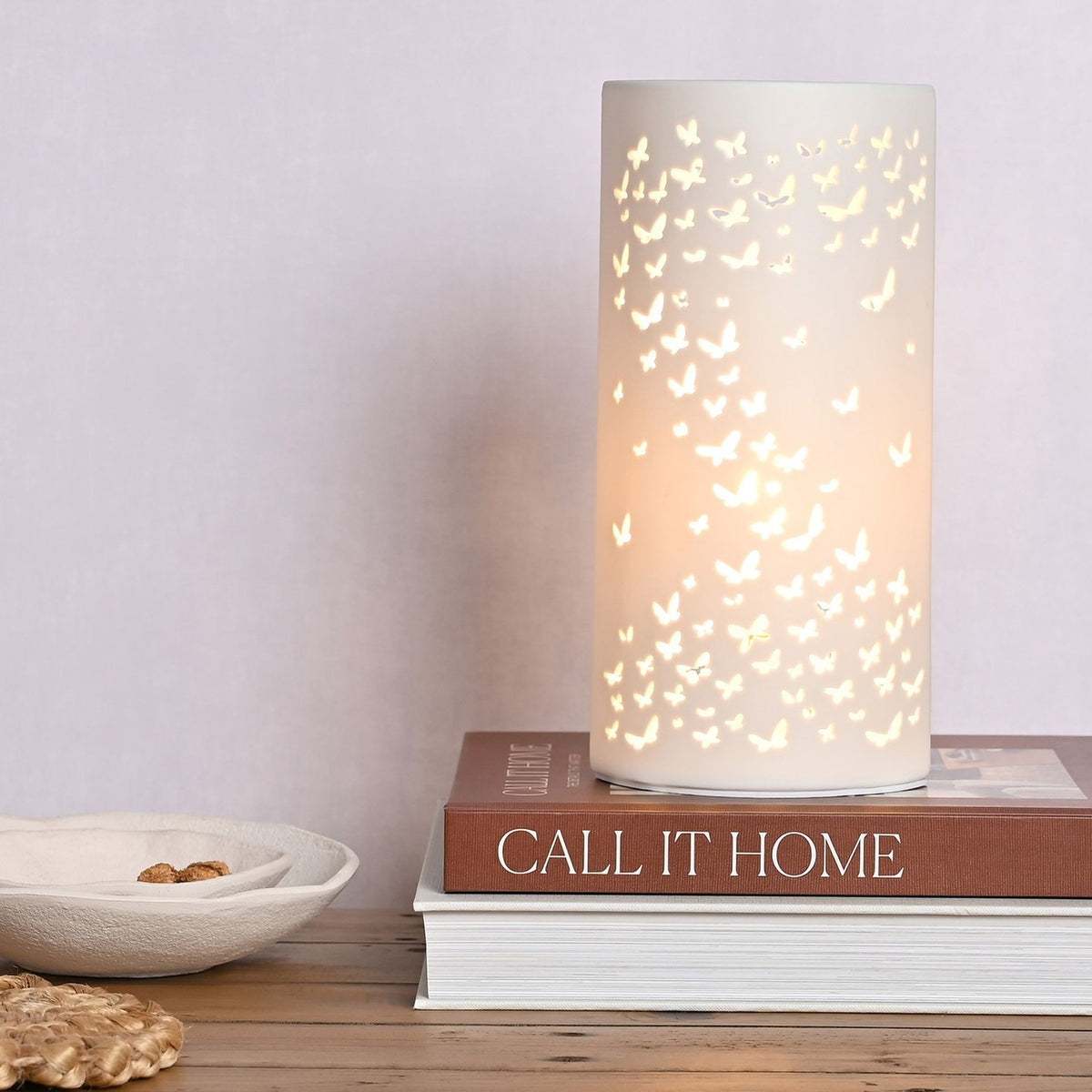Butterfly Cut-Out Tube Plug-in Ceramic Table Lamp - White