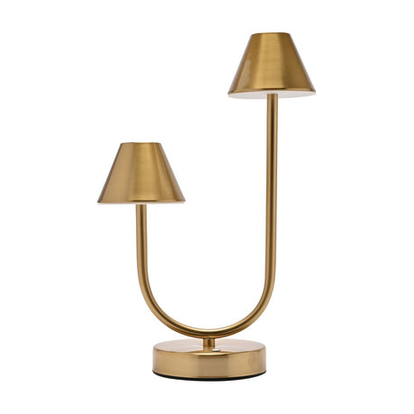 Curved Stem USB Touch Double Light Table Lamp in a bronze finish, with a U-shaped stem and two cone shades at different heights on a round base, shown on a plain white background.