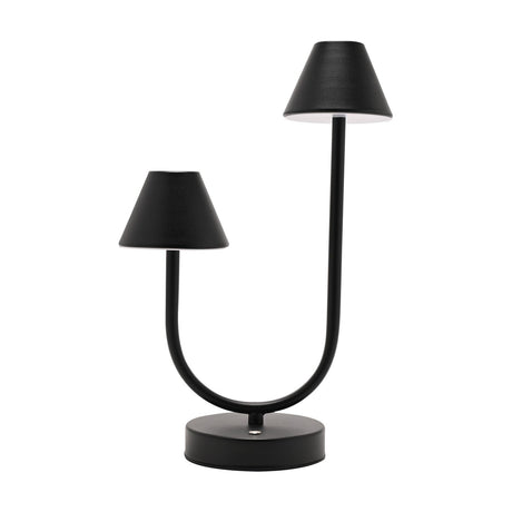 Arc Double Light USB Touch Matt Ceramic Table Lamp in black, with two conical shades at different heights on a curving U-shaped stem and round base, set against a plain white background.