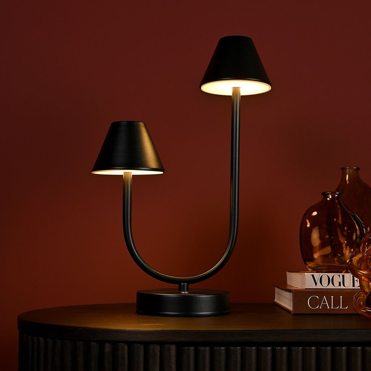 Arc Double Light USB Touch Matt Ceramic Table Lamp - Black