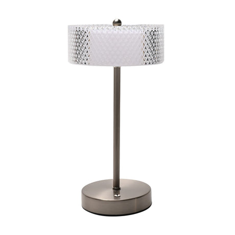 Nickel USB touch table lamp with diamond-cut crystal-effect drum shade over white inner shade, round finial, slim silver stem, and circular base, on a plain white background.