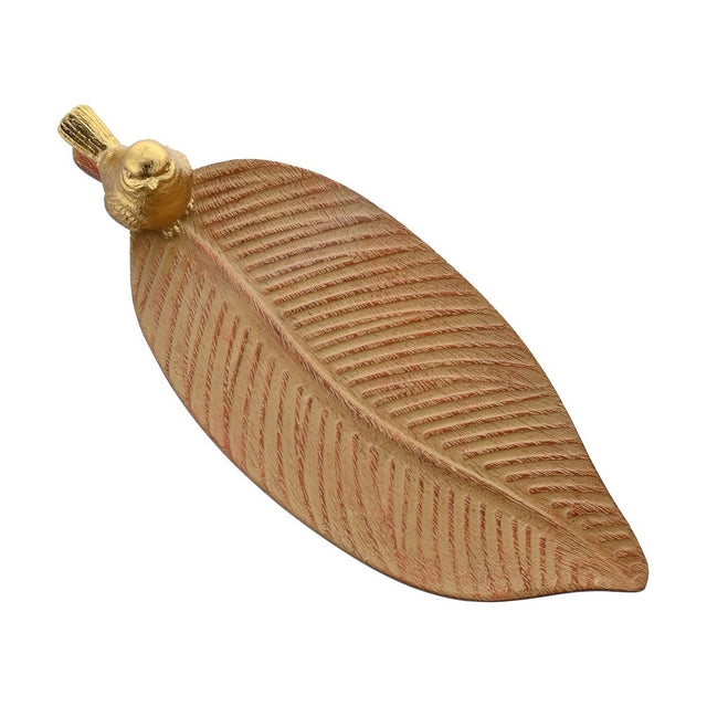 Leaf Wood Effect Resin Trinket Dish with Gold Bird in brown, a long ridged leaf-shaped dish with a gold bird perched on the stalk, shown on a plain white background.