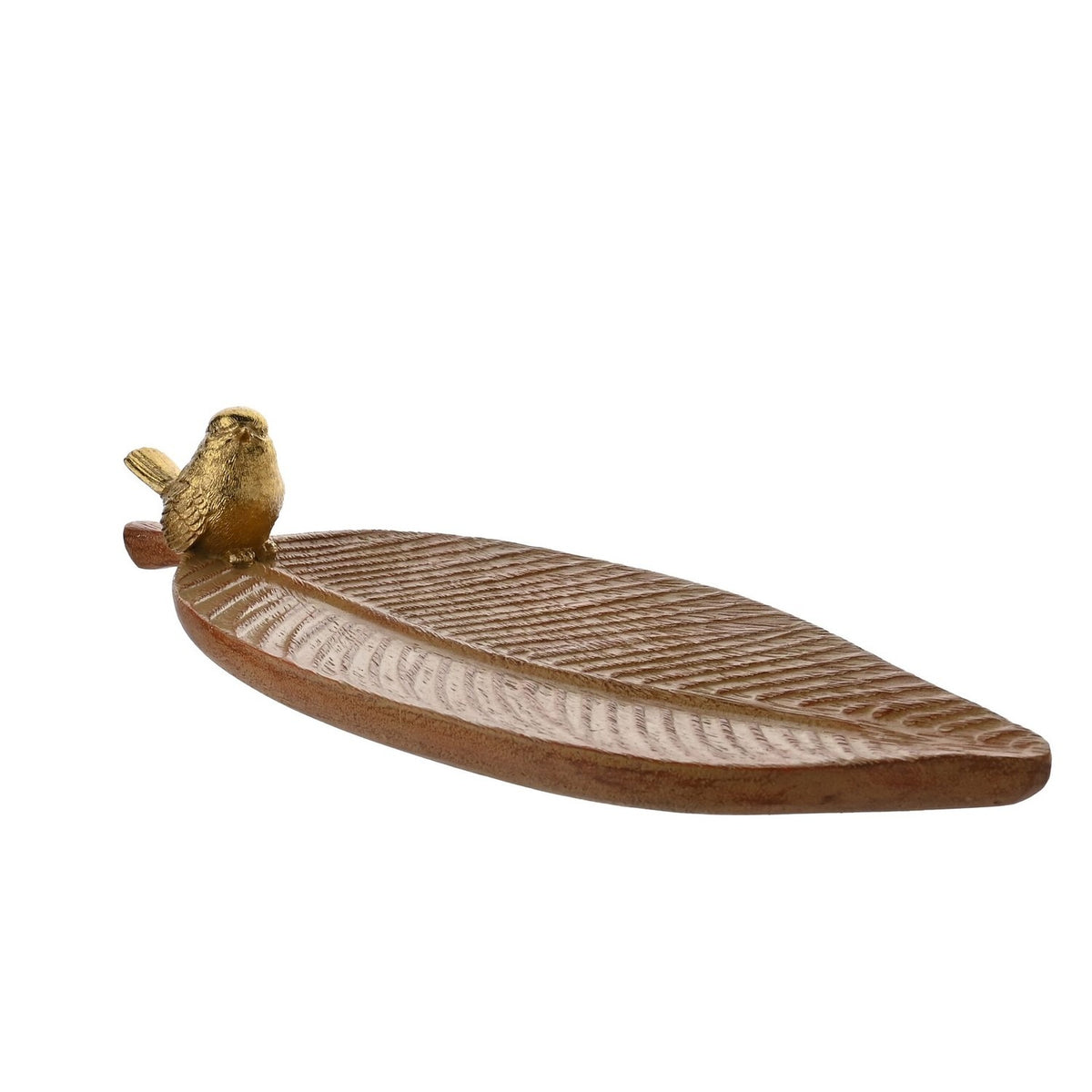Leaf-shaped resin trinket dish in brown wood-effect finish with ridged veins and a gold bird perched on the stalk, shown on a plain white background.