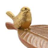 Leaf Wood Effect Resin Trinket Dish with Gold Bird in brown, close-up of the gold bird perched on the stalk with ridged leaf veins, on a plain white background.