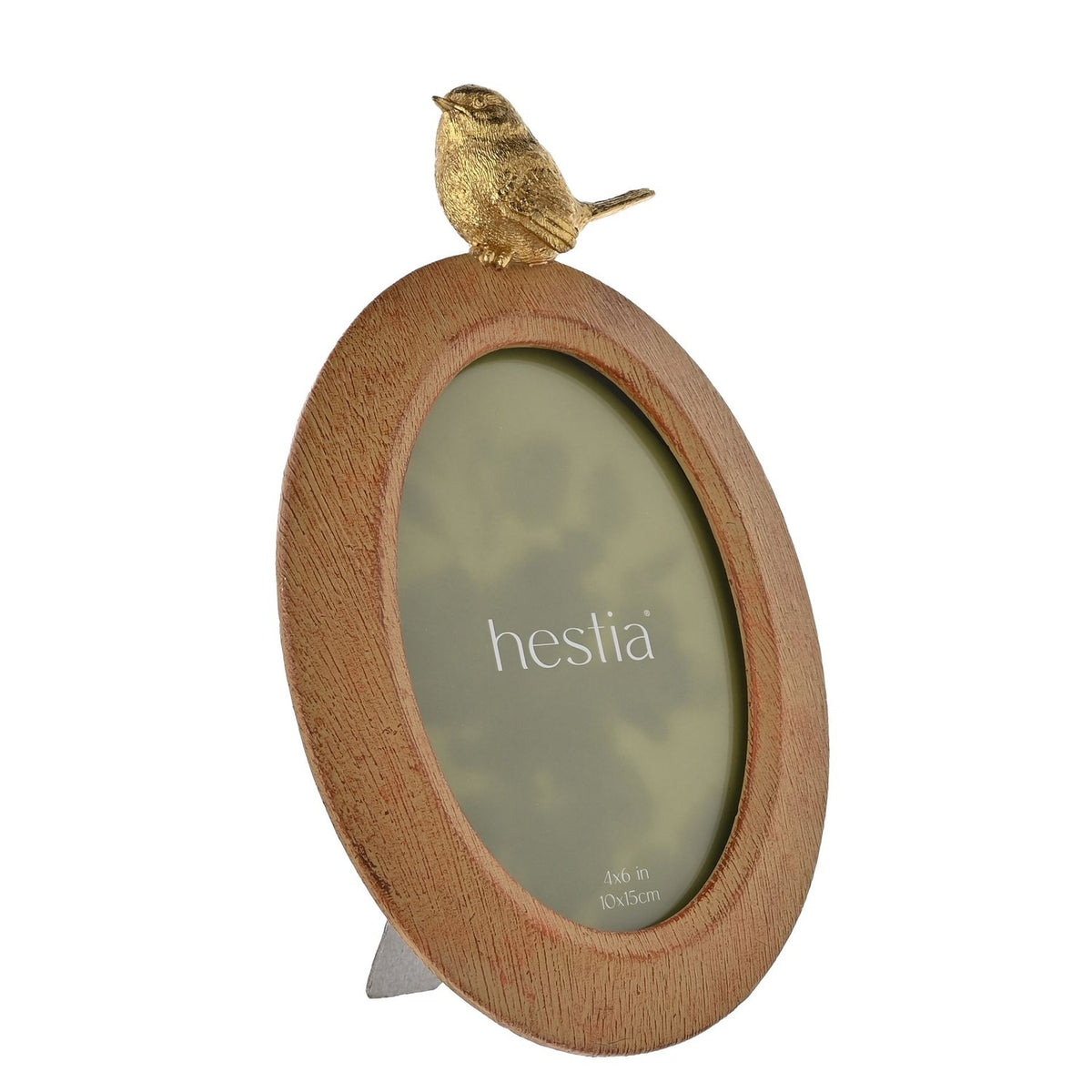 Oval photo frame in brown wood-effect resin with a raised inner edge and a gold bird perched on top, holding a 4x6in photo, shown on a plain white background.