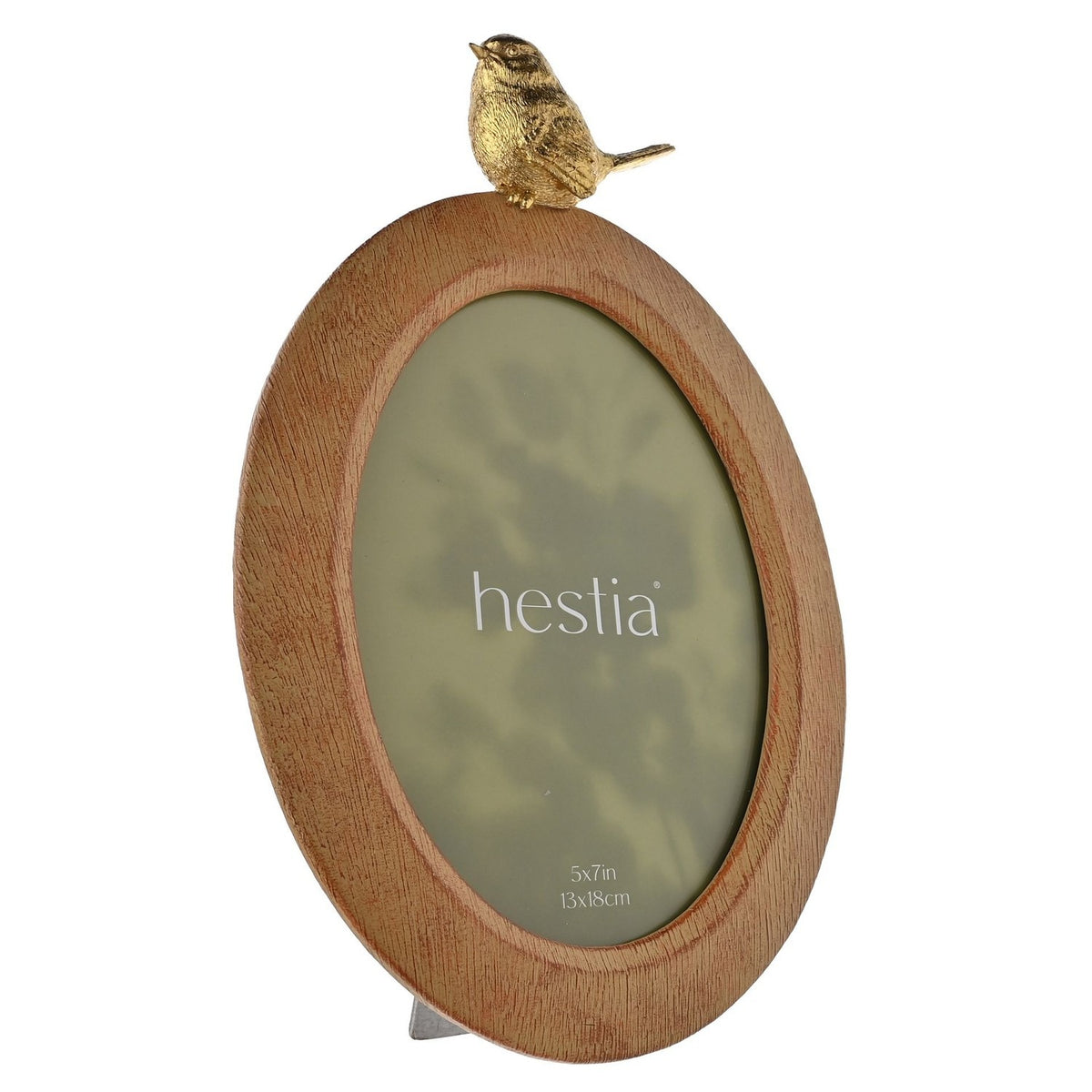 Oval wood effect resin photo frame in brown with a gold bird perched on top, holding a 5x7in photo, shown on a white background.