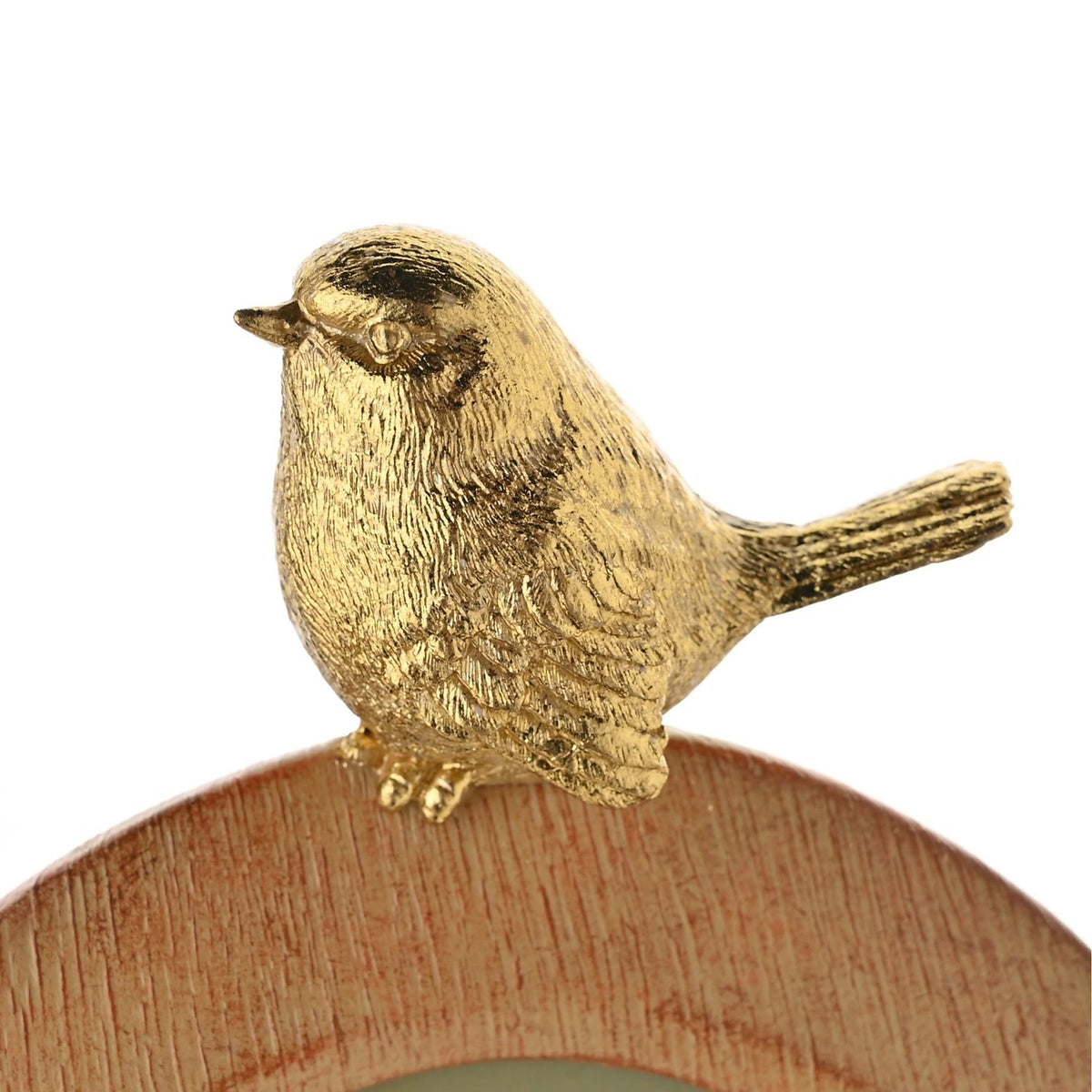 Close-up of the Wood Effect Oval Resin Photo Frame in brown, showing a detailed gold-tone bird perched on the frame's textured, wood-effect edge against a plain white background.