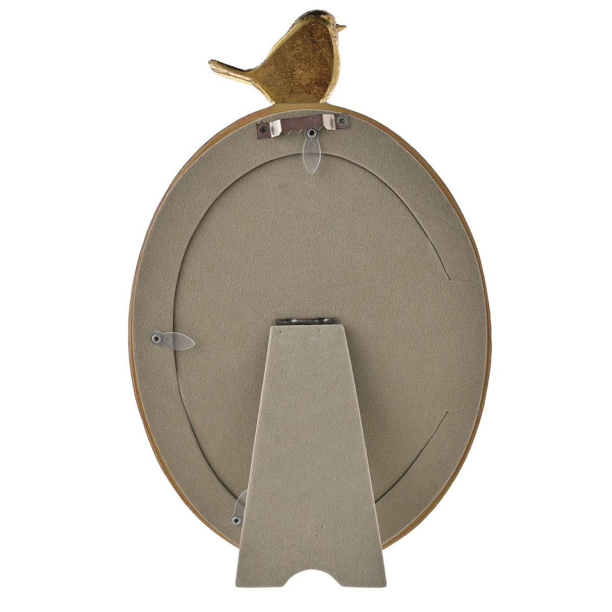 Back view of the Wood Effect Oval Resin Photo Frame with Gold Bird, showing a grey easel stand, hanging brackets, and the gold bird perched at the top edge, on a white background.