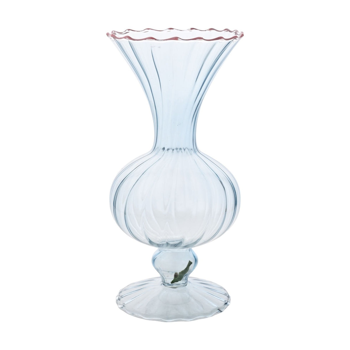 Footed Ribbed Flared Glass Vase with Scalloped Trim - Pink