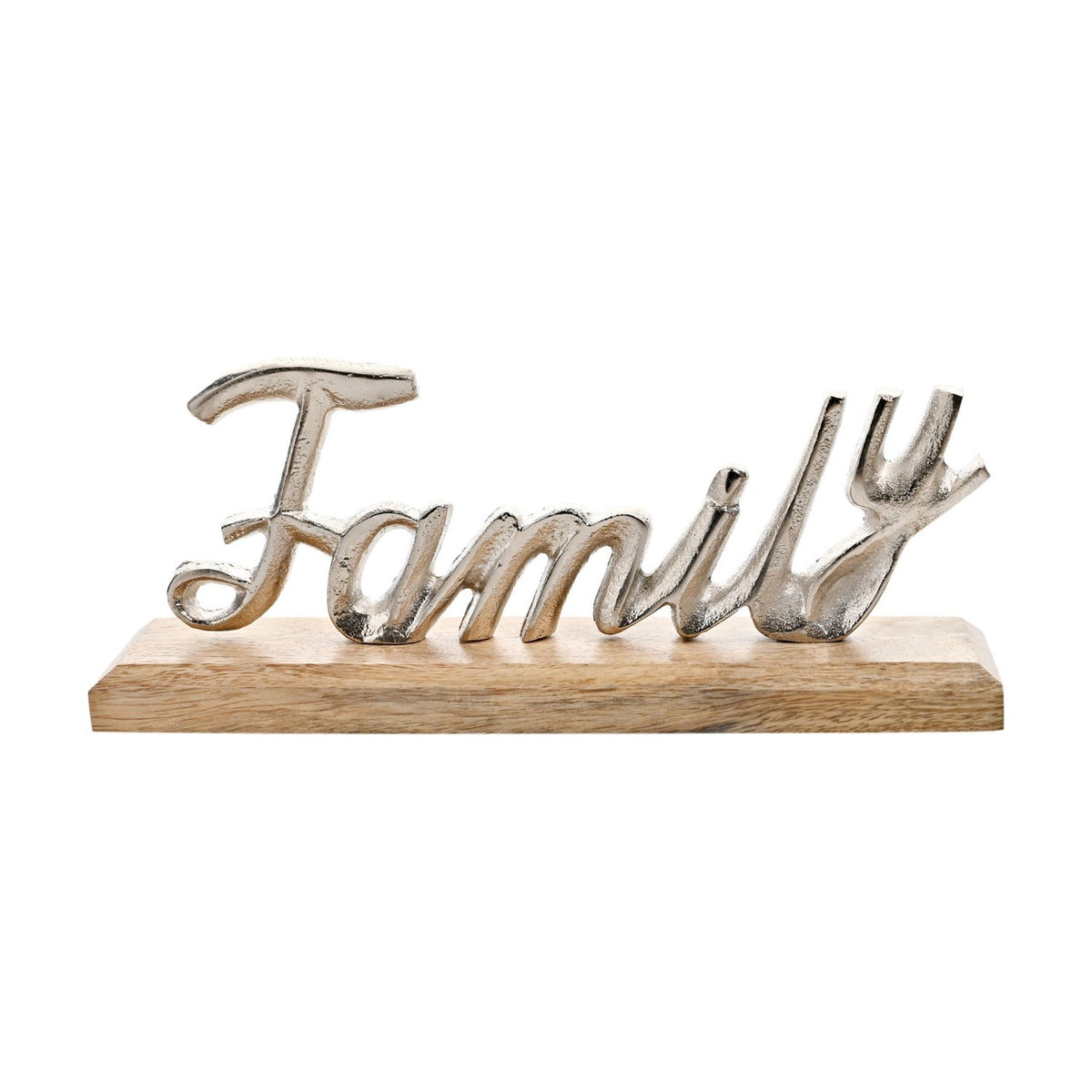 Family Script Metal Plaque with Wood Base in silver and natural, featuring the word "Family" in shiny cursive metal script on a rectangular wood base, shown on a plain white background.