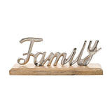 Family Script Metal Plaque with Wood Base in silver and natural, featuring the word "Family" in shiny cursive metal script on a rectangular wood base, shown on a plain white background.