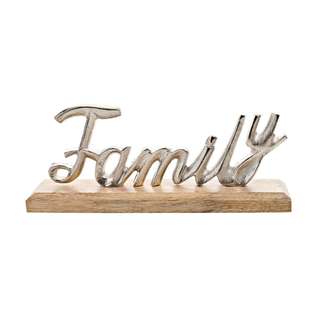 Family Script Metal Plaque with Wood Base in silver and natural, featuring the word "Family" in shiny cursive metal script on a rectangular wood base, shown on a plain white background.