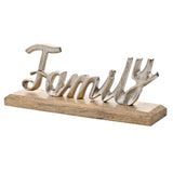 Family Script Metal Plaque with Wood Base in silver script lettering with a shiny textured finish, set on a natural wood block, shown on a plain white background.