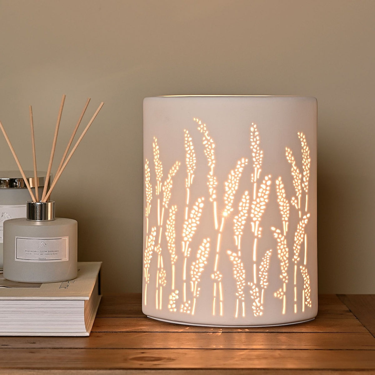 Pierced Grass Rectangular Matt Ceramic Table Lamp - White