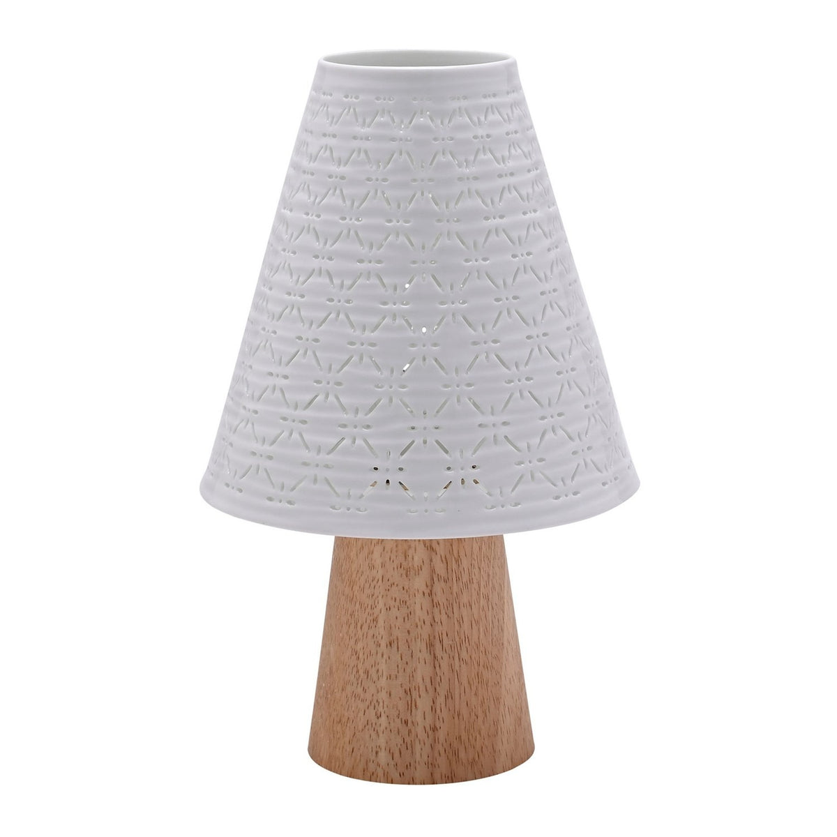 White ceramic table lamp with a pierced cone-shaped shade featuring ribbed bands and geometric cut-outs, set on a tapered wooden base, shown on a plain white background.