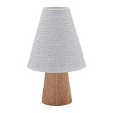 White ceramic table lamp with a pierced cone-shaped shade featuring ribbed bands and geometric cut-outs, set on a tapered wooden base, shown on a plain white background.