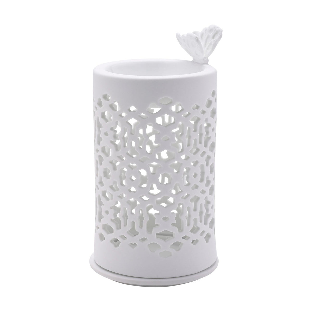 Round white ceramic wax melt burner with cut-out lattice pattern body and a small butterfly perched on the rim, shown on a plain white background.