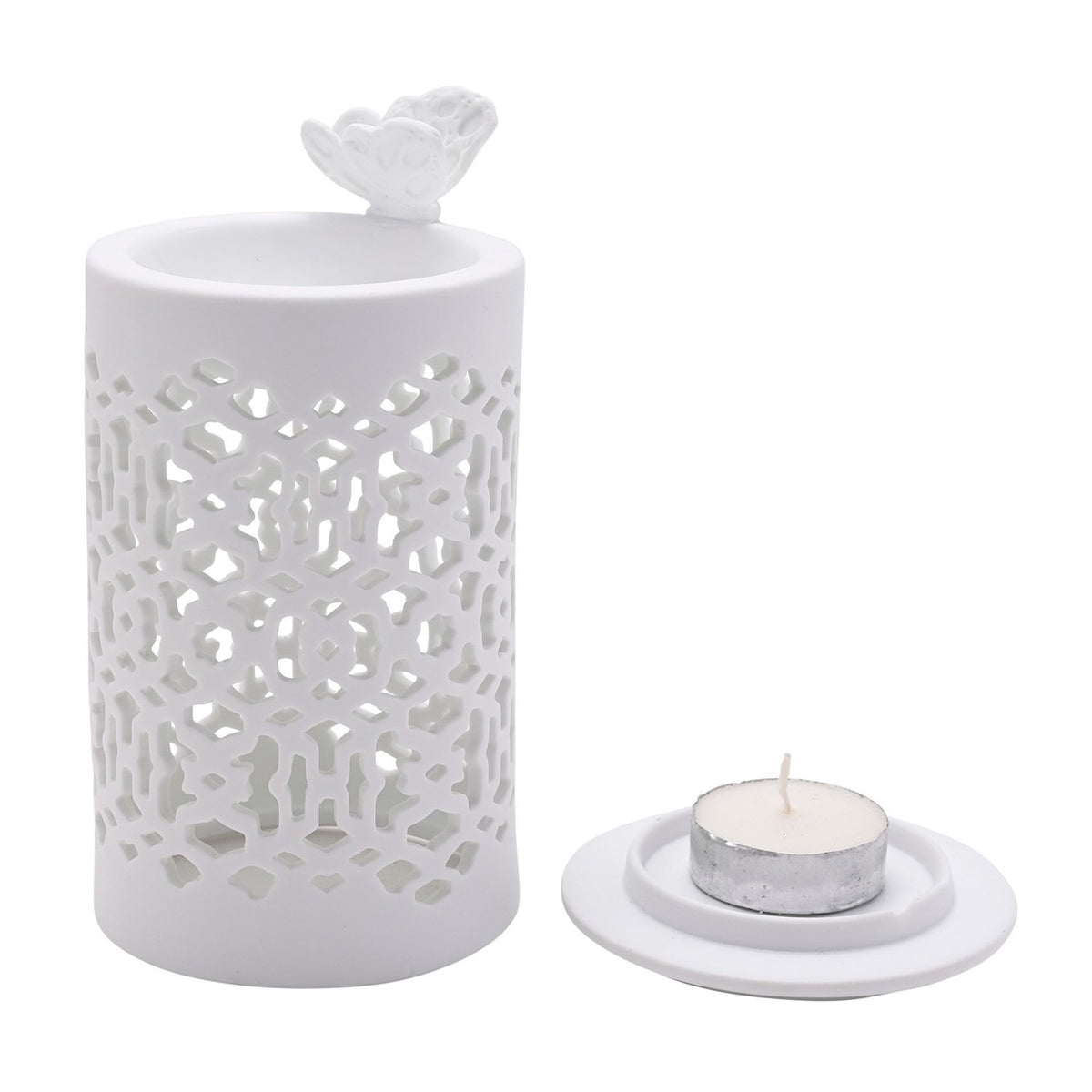 White round ceramic wax melt burner with cut-out lattice pattern and a butterfly on the rim, shown with a round white tealight holder and tealight candle on a plain background.