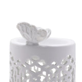Round white ceramic wax melt burner with an open lattice cut-out pattern and a perched butterfly detail on the rim, shown close-up against a plain white background.