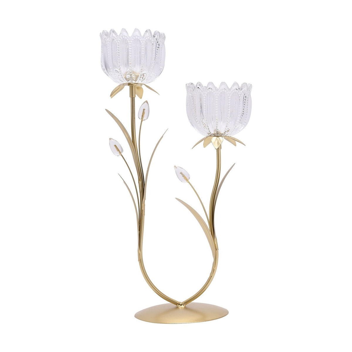 Two stem flower glass candle holder with ridged clear glass cups on gold stems, leaf details, and glass bud accents on an oval gold base, shown on a plain white background.