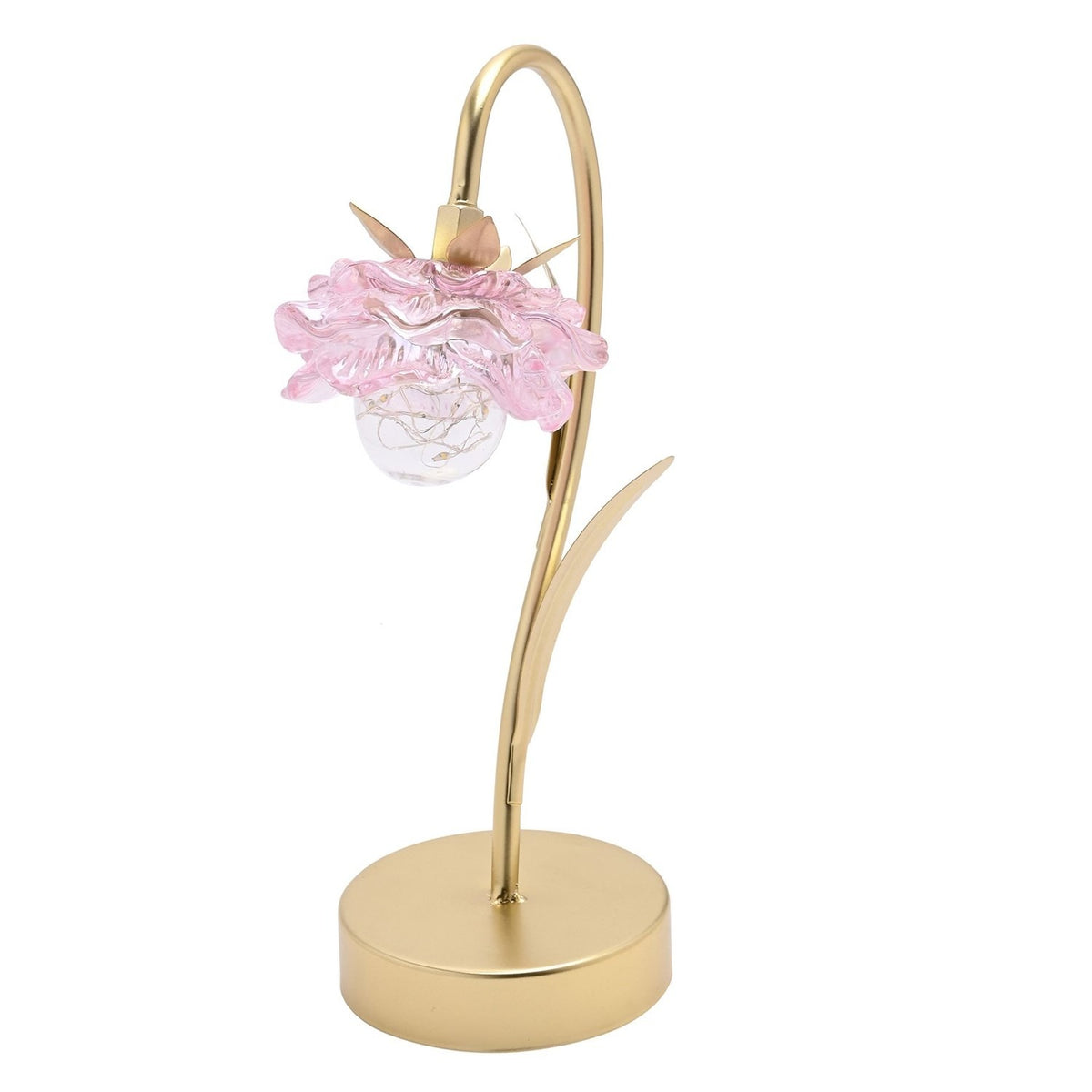 Single Stem Glass Flower LED Table Lamp with Base - Gold & Pink