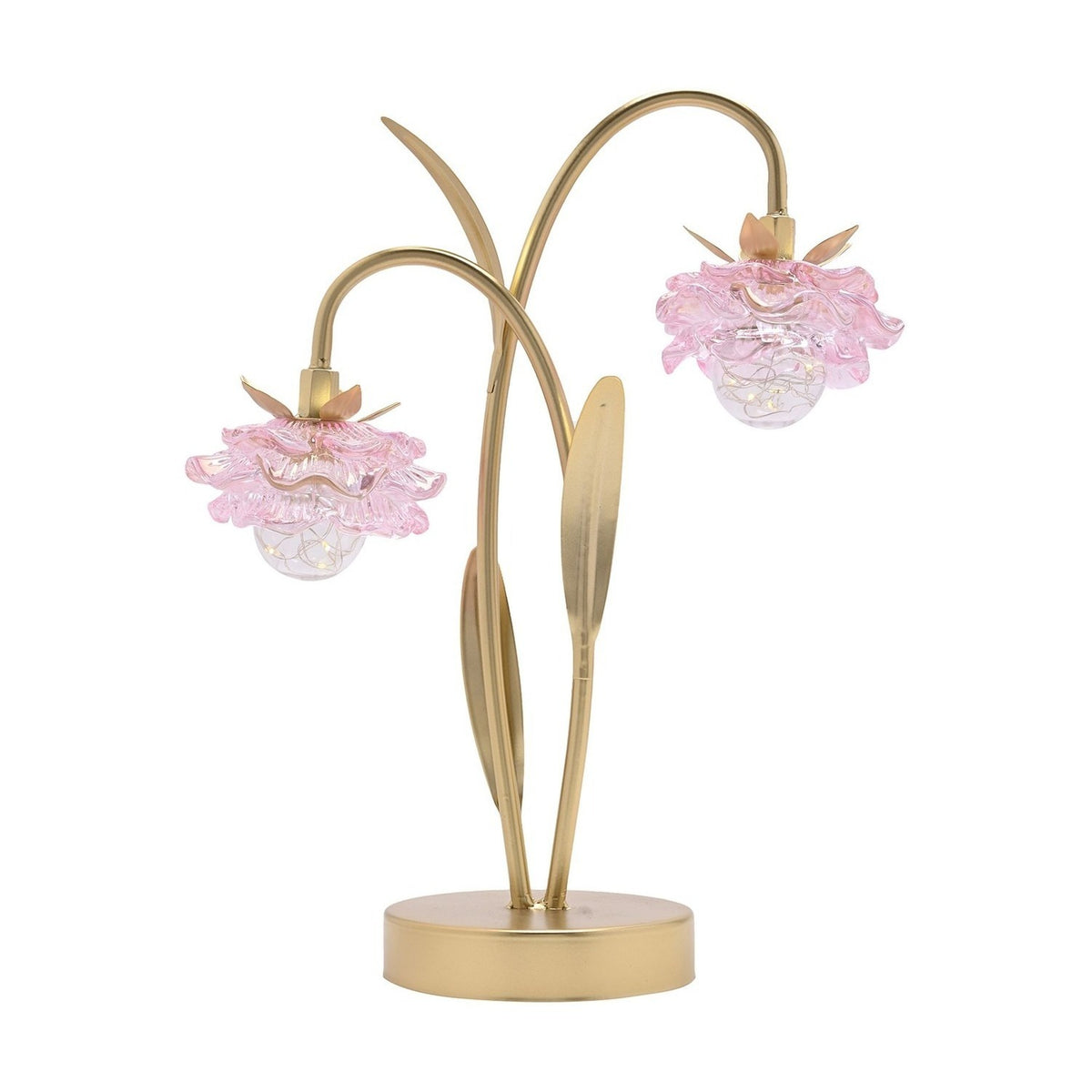 2 Stem Glass Flower LED Table Lamp with Base - Pink & Gold