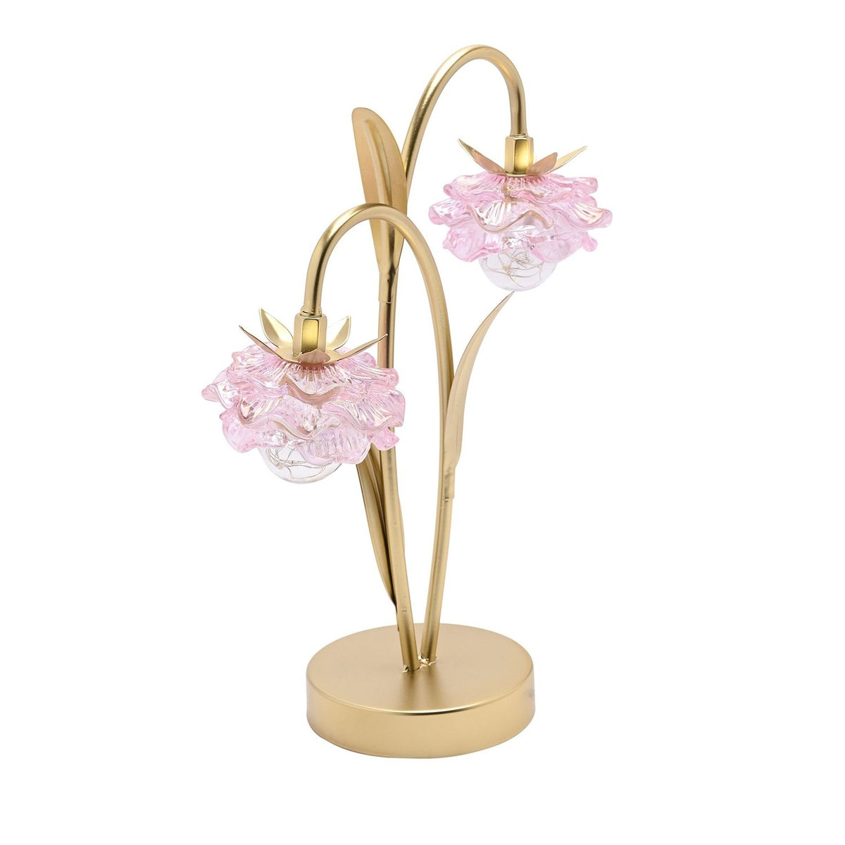 2 Stem Glass Flower LED Table Lamp with Base - Pink & Gold