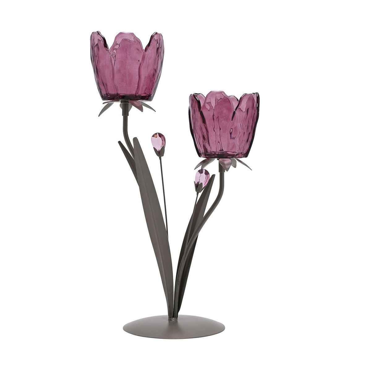 Two stem tulip glass candle holder with purple ripple-textured cups on silver metal stems and a round base, shown on a plain white background.
