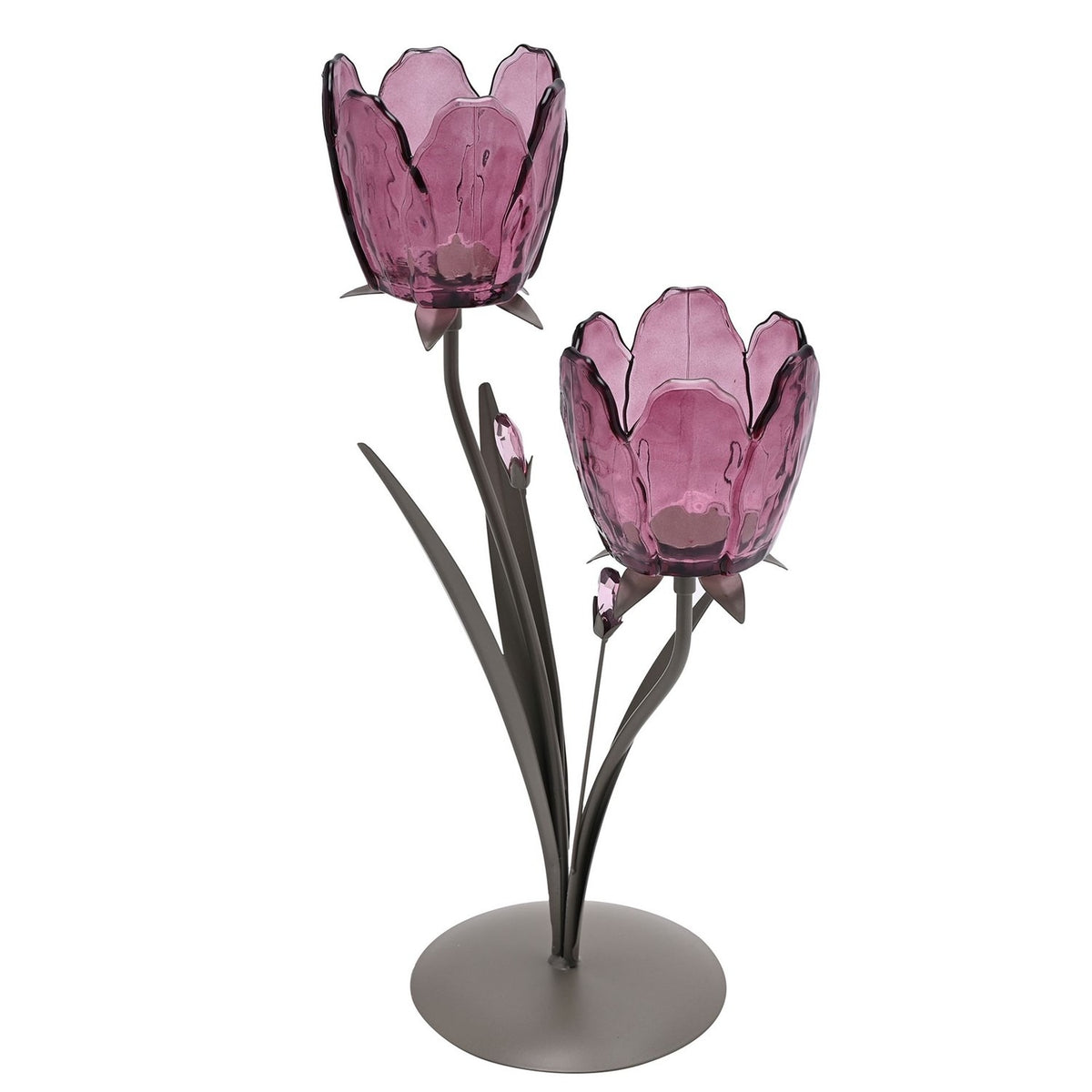 Two-stem tulip glass candle holder with purple ribbed glass cups on silver metal stems and round base, leaf details, set on a plain white background.