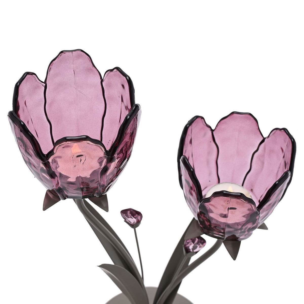 Close-up of the 2 Stem Tulip Glass Candle Holder, showing purple ripple-textured glass tulip cups with pointed petals on silver metal stems against a white background.