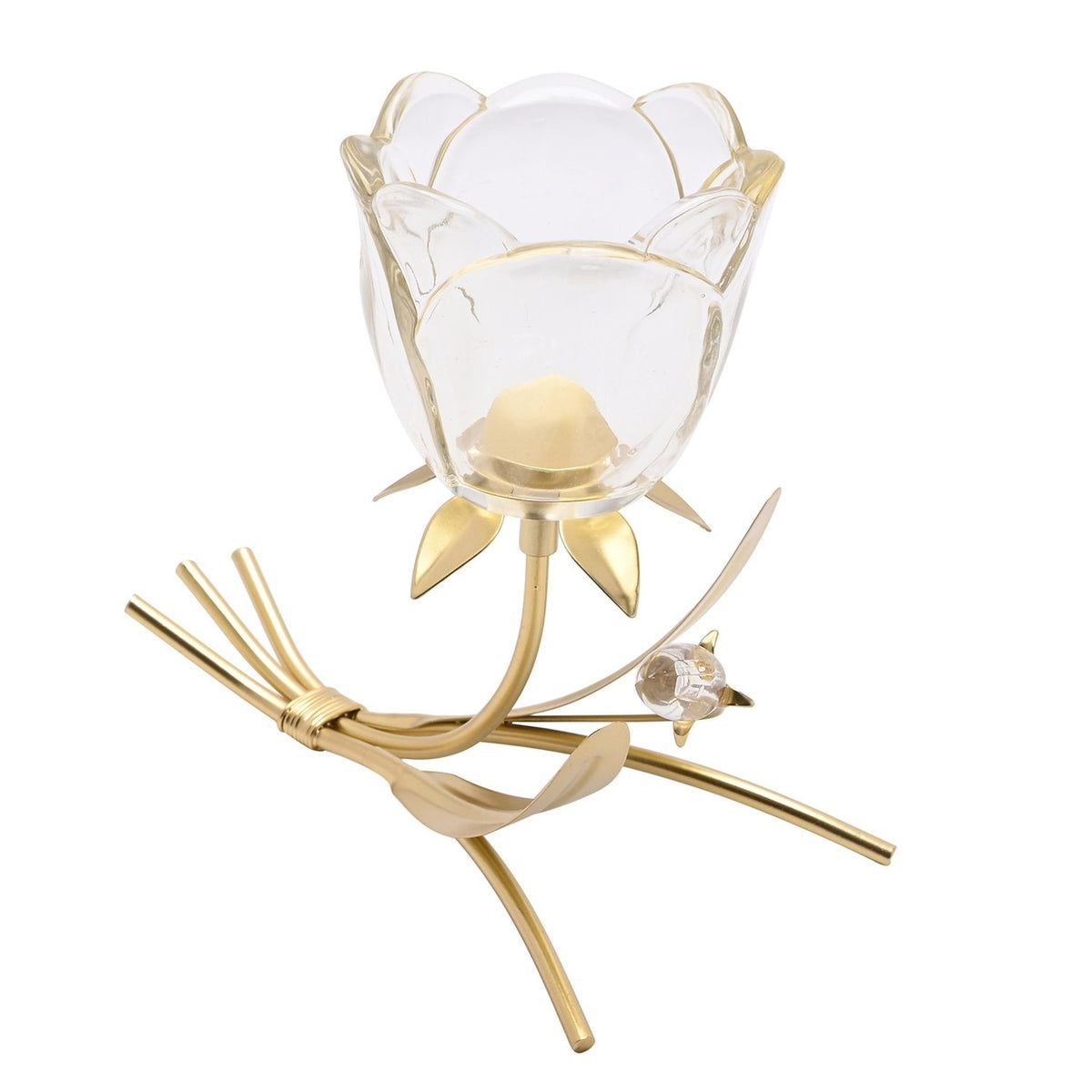 Single Stem Glass Flower Candle Holder with Base - Gold