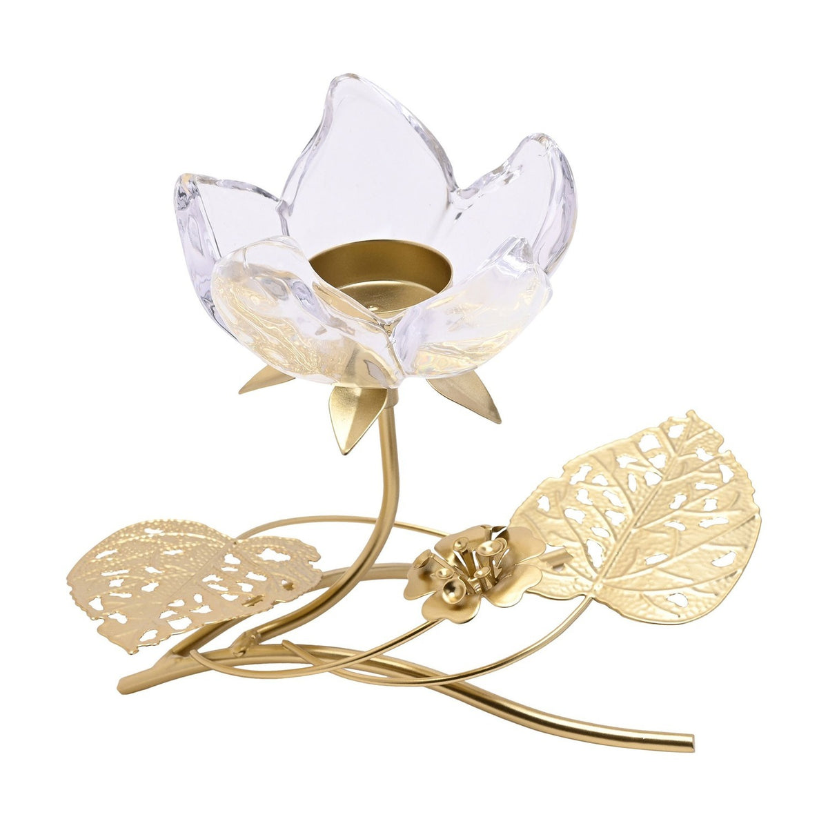 Single Stem Glass Candle Holder with Leaves - Gold & Clear
