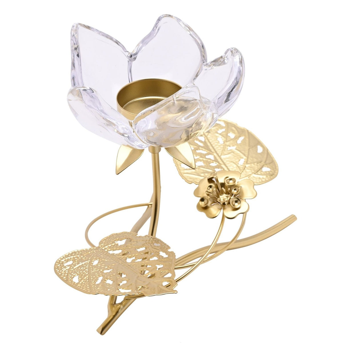 Single Stem Glass Candle Holder with Leaves - Gold & Clear