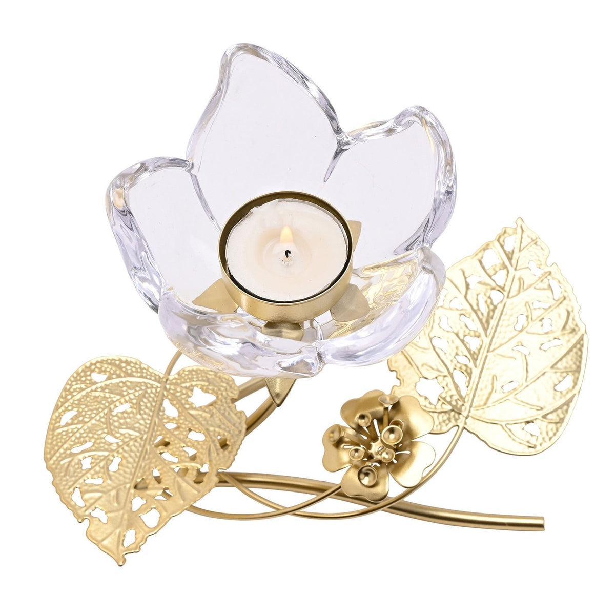 Single Stem Glass Candle Holder with Leaves - Gold & Clear