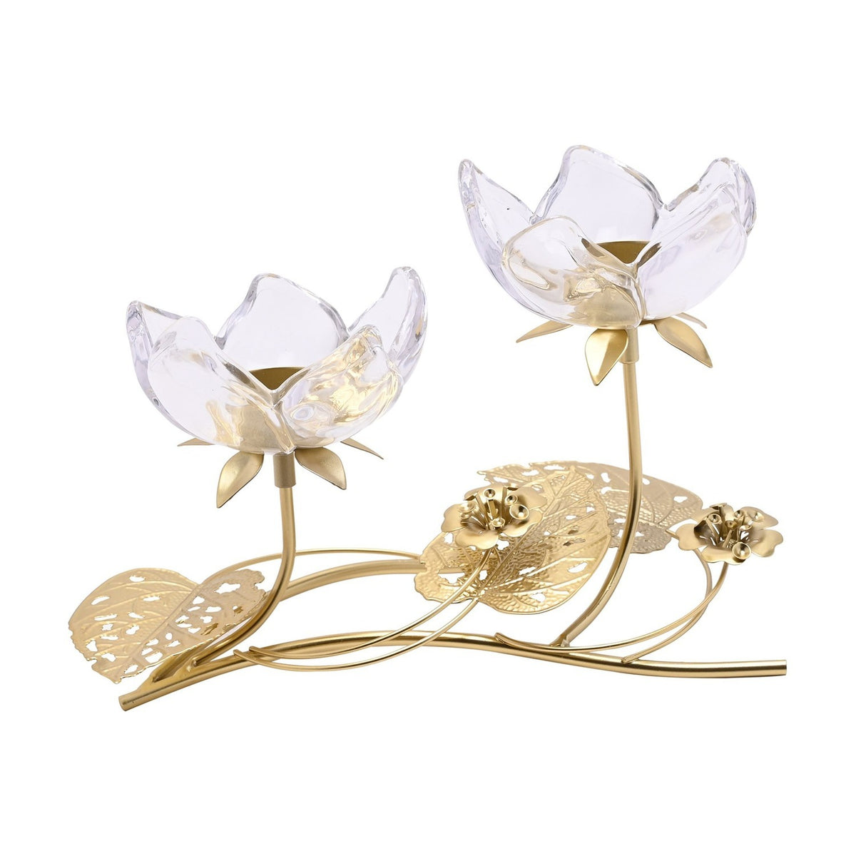 Two-stem flower glass candle holder with clear glass petals on gold stems, gold tealight cups, and pierced gold leaves, shown on a plain white background.