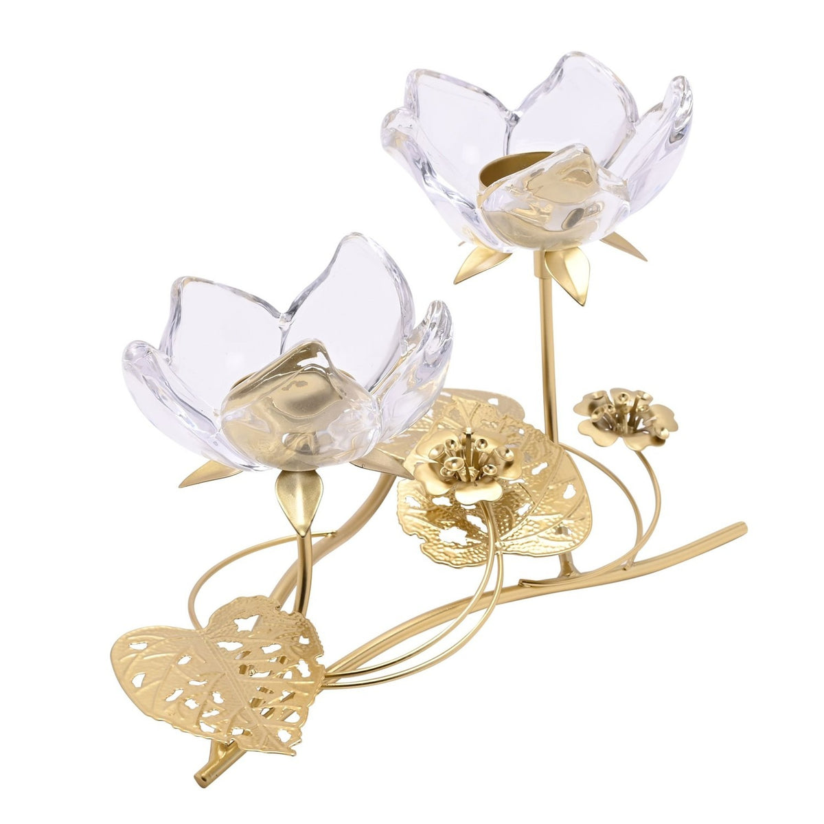 Two-stem flower glass candle holder with clear glass petals on gold stems, gold tealight cups, pierced leaves and small blossoms at the base, on a white background.