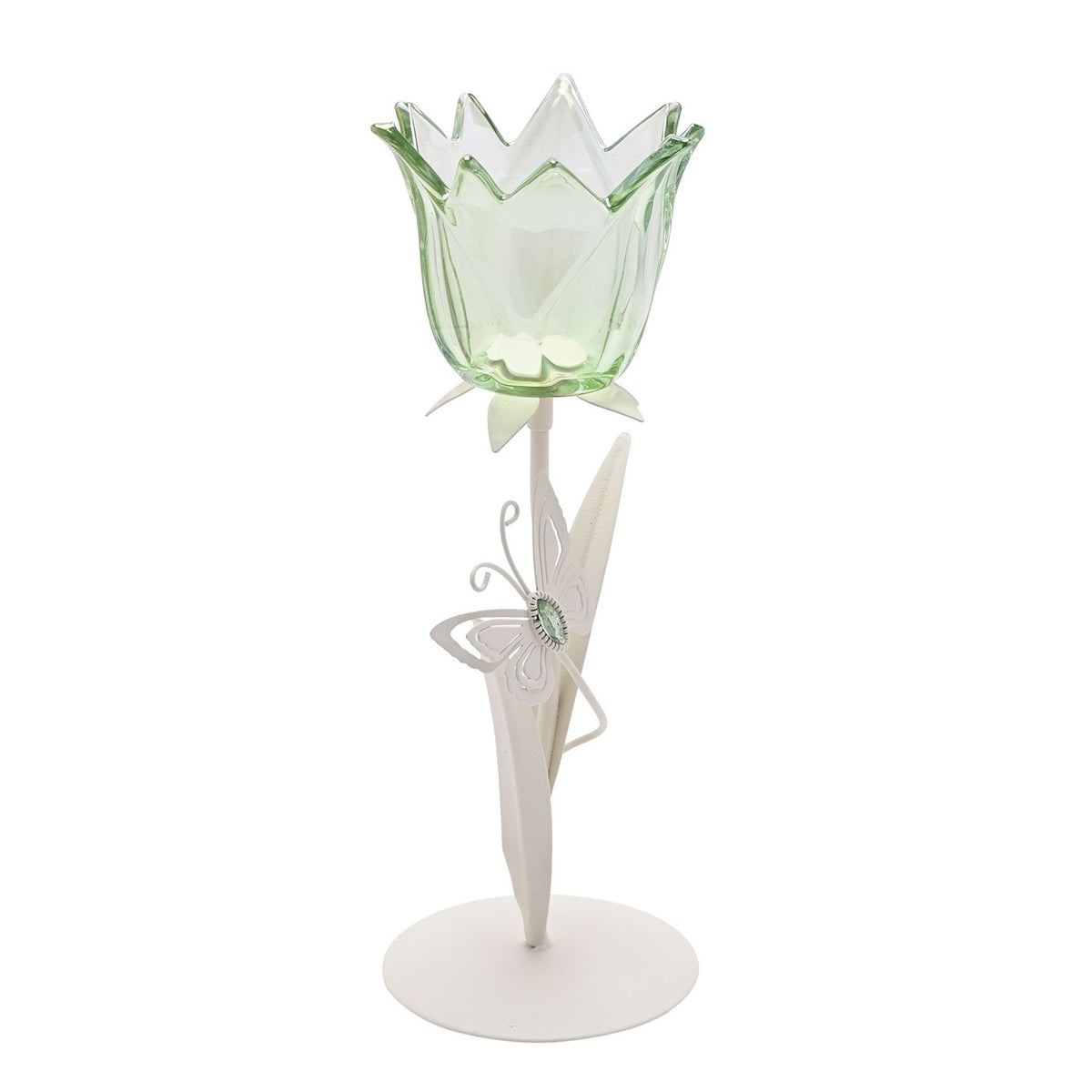 Single stem glass candle holder with pale green tulip-shaped cup on a white metal stem, featuring leaf details and a butterfly accent on a round base, plain white background.